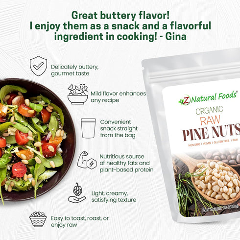 Packed 1 lb Z Natural Foods Organic Pine Nuts - Raw Nutrient-Dense Superfood in Airtight Foil Pouches - Pure Pine Nut