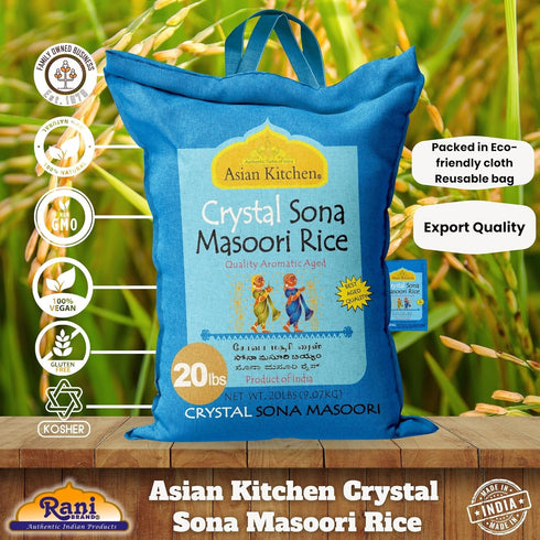 20-Pound 20lbs (9.08kg) Asian Kitchen Crystal Sona Masoori Aged Rice Bag, Short Grain Rice ~ All Natural | Gluten