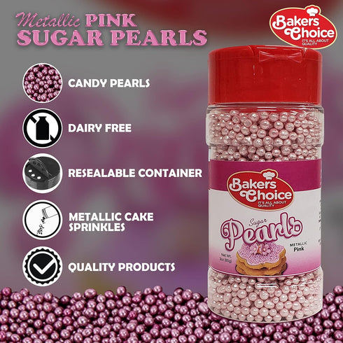 Baker's Choice Edible Pearls - Metallic Pink Pearl Sprinkles - Edible Sugar Pearls, Dairy Free, Kosher - 3 oz.