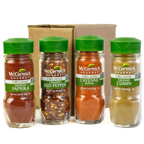 McCormick Gourmet Organic Red Peppers & Cumin Everyday Basics Variety Pack (Smoked Paprika, Crushed Red Pepper, Cayenne Pepper, Ground Cumin), 0.05 lb