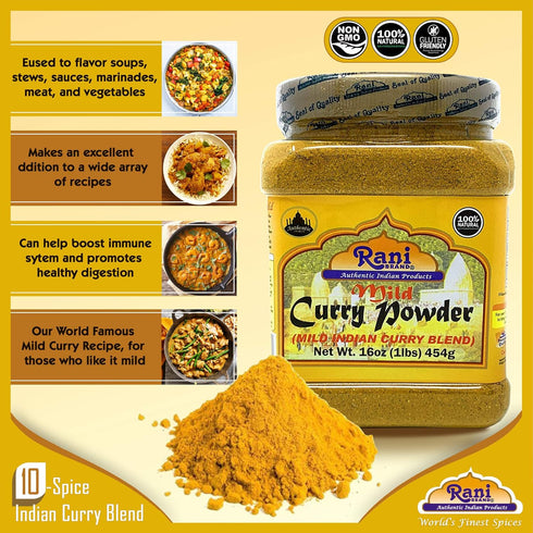 Rani Curry Powder Mild, 10-Spice Indian Blend, 1 lb (454g) PET Jar - All Natural, Vegan, Kosher