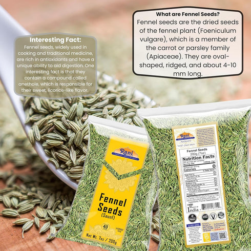 Rani Fennel Seeds (Saunf Sabut) Whole Spice - 7oz (200g) - All Natural, Gluten Friendly, NON-GMO, Kosher, Vegan