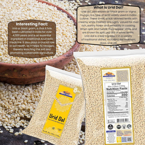 128oz (8lbs) 3.63kg Rani Urid/Urad Dal (Split Matpe Beans Skinless) Indian Lentils Bulk ~ All Natural | Gluten Friendly