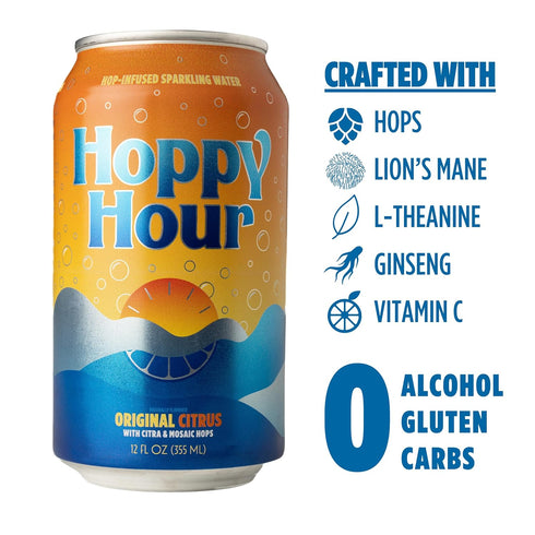 Hoppy Hour 12 oz (12-Pack) Sparkling Hop Water, Non-Alcoholic and Adaptogens Drink, Zero Sugar and Calories, Refreshing