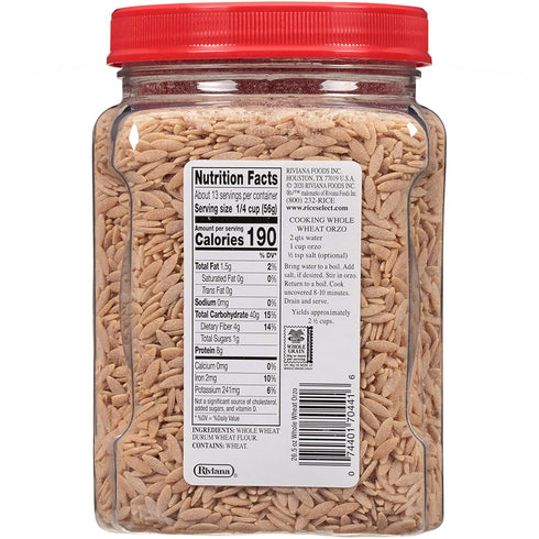 26.5-Ounce 4-Count RiceSelect Whole Wheat Orzo Rice-Shaped Pasta, Non-GMO, Vegan, Jars