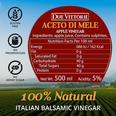 16.9 oz 500ml Due Vittorie Apple Vinegar - Easy to Drink Raw Apple Cider Vinegar Aged in Barrique Wine Barrels, Gourmet