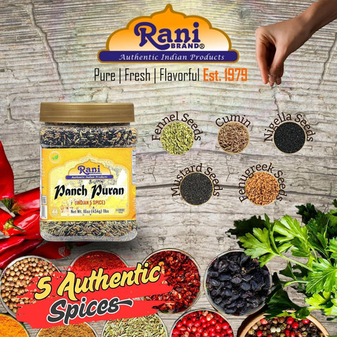 (5 16oz (1lb) 454g Rani Panch Puran Spice) PET Jar ~ All Natural | Vegan | Gluten Friendly | NON-GMO | Indian Origin