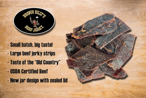 Country 8oz Bronco Billy's Beef Jerky Old Hickory Smoked Half Pound Jar - - New Jar Design