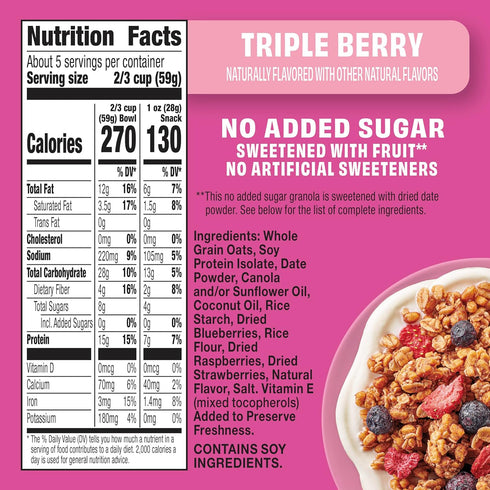 15g 10 oz Wilde Terra Triple Berry Granola, Protein, No Added Sugar, Good Source of Fiber