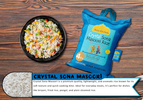 4-Pound 4lbs (1.81kg) Asian Kitchen Crystal Sona Masoori Aged Rice Bag, Short Grain Rice ~ All Natural | Gluten