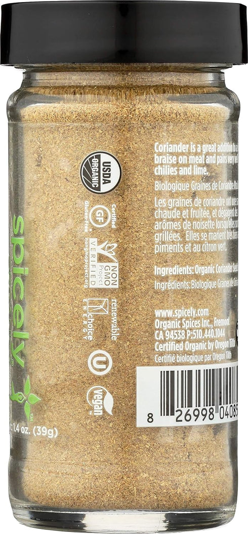 Spicely Organic Coriander Powder, 1.40 Ounce Jar, Certified Gluten Free