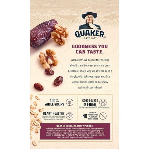 100% 2 (26 oz) Quaker Raisin, Date & Walnut Whole Grains Fiber Instant Oatmeal - Boxes