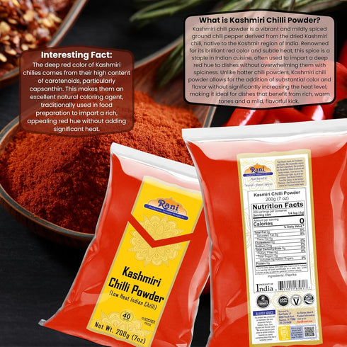 Rani Kashmiri Chilli Powder (Deggi Mirch, Low Heat), Ground Indian Spice, 7oz (200g), All Natural, Vegan