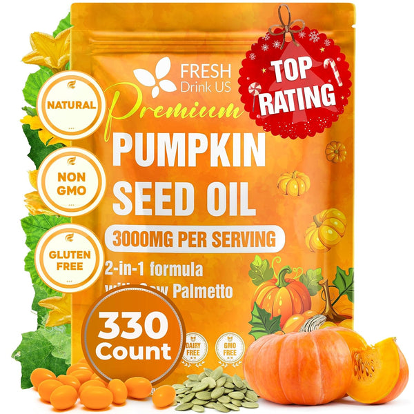 FreshDrinkUS, 330 Premium Pumpkin Seed Oil Softgels with Saw Palmetto, 3000mg Per