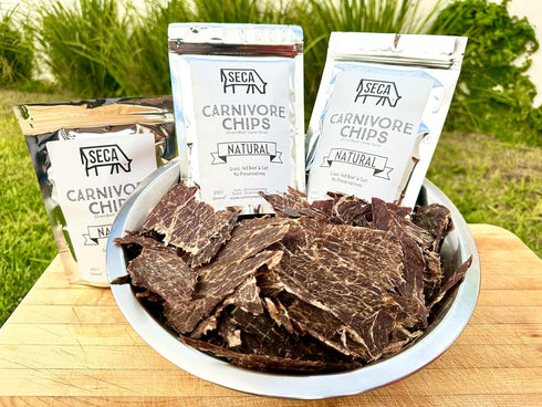2 (3-Pack, 2oz SECA Carnivore Chips Crispy Slow-Dried Beef Chips with Kosher Salt Ingredients, No Preservatives, No