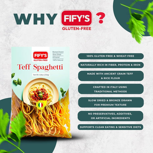 FIFY'S GLUTEN-FREE Teff Spaghetti Pasta All Natural, Nutrient-Rich Gluten Free Spaghetti with Ancient Grain Teff