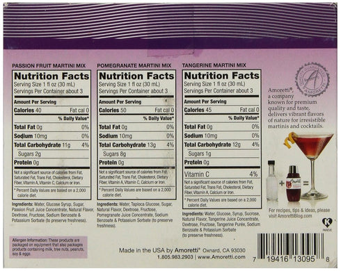 3 Count Amoretti Premium Martini Cocktail Mix Exotic Minis, Tangerine, Pomegranate and Passion Fruit