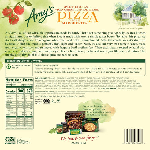 Frozen Amy's Cheeze (Vegan Cheese) Pizza, Made with Organic Tomatoes and Basil, Hand Stretched Crust, Full Size