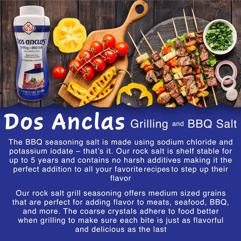 3 Pack, 17.64 Oz (1.1 LB) Dos Anclas Sal Parrillera Rock Salt for Grilling and BBQ, Refined Medium Grain Salt for Meat