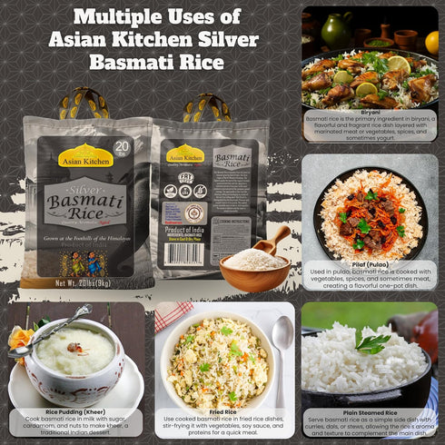 20lbs (9.08kg) Asian Kitchen Silver White Basmati Rice Extra Long Aged ~ All Natural | Gluten Friendly | Vegan | Indian