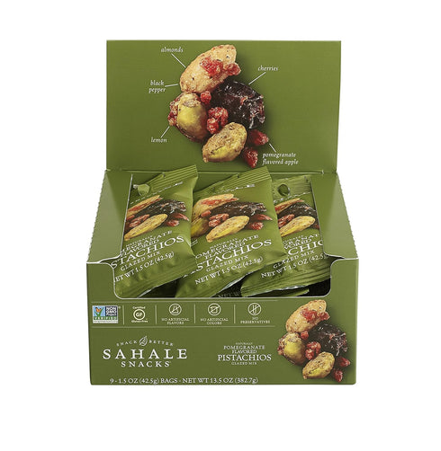 1.5 (Pack 9) Sahale Snacks Pomegranate Flavored Pistachios Glazed Mix, Ounces