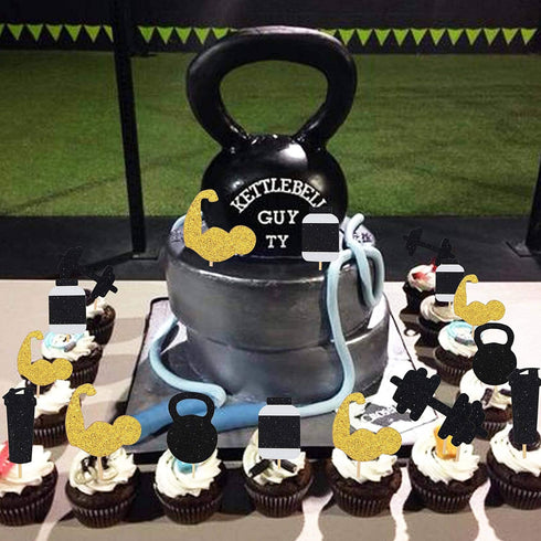 Glitter Gym Theme Cupcake Toppers, Weight Lifting Cupcake Toppers for Fitness Themed Birthday Party Supplies