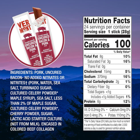 1oz 24 Count Vermont Smoke & Cure - Hickory Smoked Uncured Bacon Pork Sticks - Meat Protein Snack - Portable Healthier