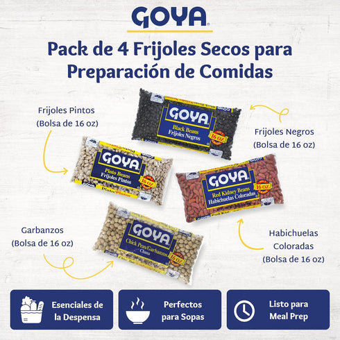 4-Pack 16 oz Goya Dried Beans Meal Prep Dried Black Beans, Pinto Beans, Red Kidney Beans, Chick Peas, Cook-from-Dry