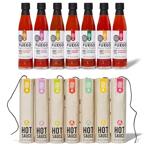 Set Packaging, Pack, Set 7 The Good Hurt Fuego, Hot Sauce Sampler Gift in Original Flavors Includes Habanero, Ghost