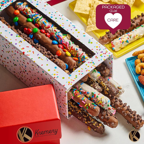 (10 KREMERY Creamy Chocolate Cravings - Mothers Day Treats, Chocolate Covered Pretzel Rods Gift Basket with Candied