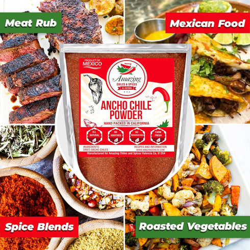 Ancho Chile Pepper Powder Ground (4oz), Natural and Premium, Great for Recipes Like Mexican Mole, Mild to Medium Heat