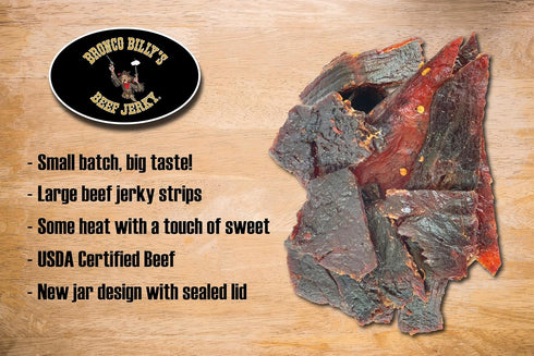 8oz Bronco Billy's Beef Jerky Sweet Heat Half Pound Jar - - New Jar Design