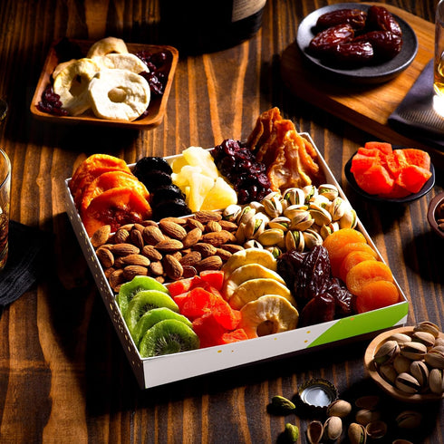 (12 Package, NUT CRAVINGS - Dried Fruit & Mixed Nuts Gift Basket in White Gold Box Assortments) Food Arrangement