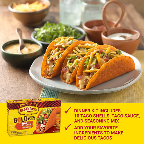 10 9.5 oz (Pack 2) Old El Paso Bold Taco Dinner Kit with Nacho Cheese Flavored Stand 'N Stuff Taco Shells, Taco-Sauce