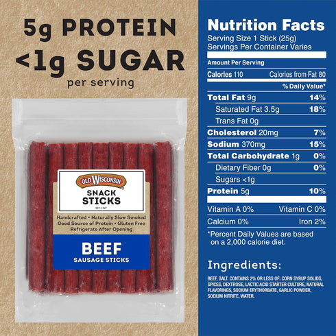 Old Wisconsin 26 Package (Pack 2) Beef Sausage Snack Sticks, Naturally Smoked, Ready to Eat, High Protein, Low Carb