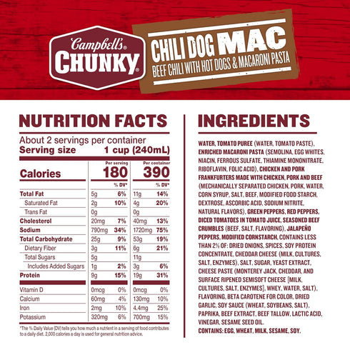 18.8 oz (12 Pack) Campbells Chunky Chili Dog Mac Soup, Can