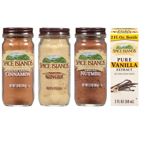 Spice Islands Baking Essentials Variety Pack with Ground Ginger, Ground Cinnamon, Ground Nutmeg, and Pure Vanilla
