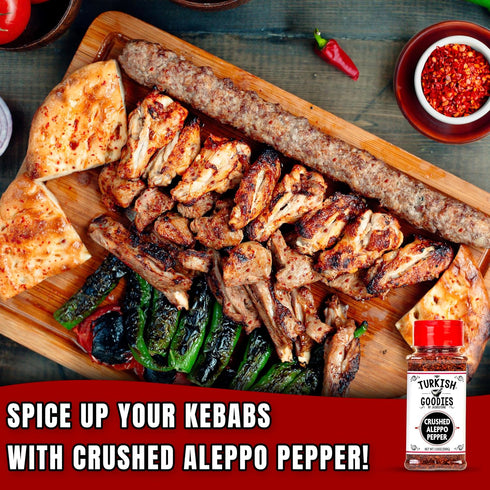 Turkish Goodies Aleppo Pepper - Authentic Pul Biber Red Chili Spice - Crushed Turkish Red Chili Pepper - Aleppo Chili Flakes - Exotic Aroma for Mediterranean and Middle Eastern Cuisine - Savory, Smoky Seasoning for Culinary Creations - 4oz