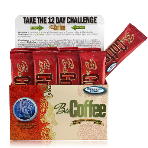 (12 Bio Coffee- NEW! - First Organic Instant Non-dairy Alkaline Coffee Sachet Box)