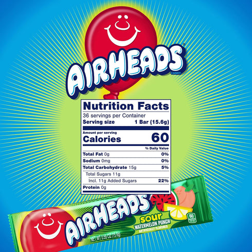 36 Count Airheads Sour Full-Size Candy Bars, Taffy, Sour Watermelon Punch, Individually Wrapped Candy