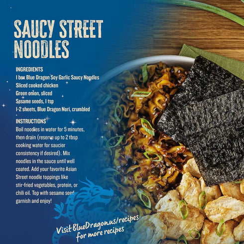 4.2oz (Pack 3) Blue Dragon Soy Garlic Saucy Noodles - of - Knife Cut Air Dried Noodles w/Soy Garlic Sauce & Chili