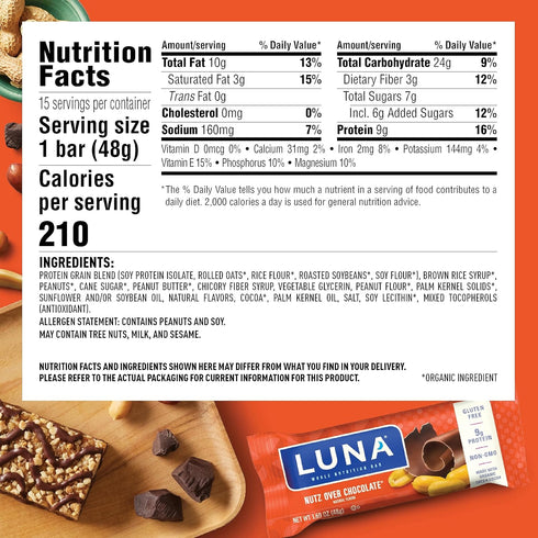 LUNA Bar - Gluten-Free Nutz Over Chocolate Flavor - 7-9g Protein - 1.69 oz. (15 Count) - Made with Organic Oats