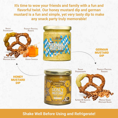 2-Pack 1 1 Unique Snacks Variety Mustard Dips and Spreads, German Mustard and Honey Mustard, Non-GMO, Flavorful