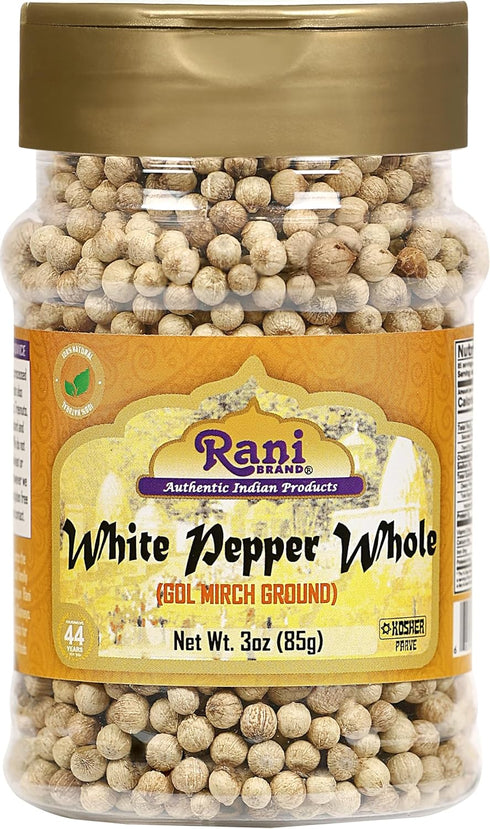 Rani White Pepper (Gol Mirch), Whole Spice, 3oz (85g) PET Jar, All Natural