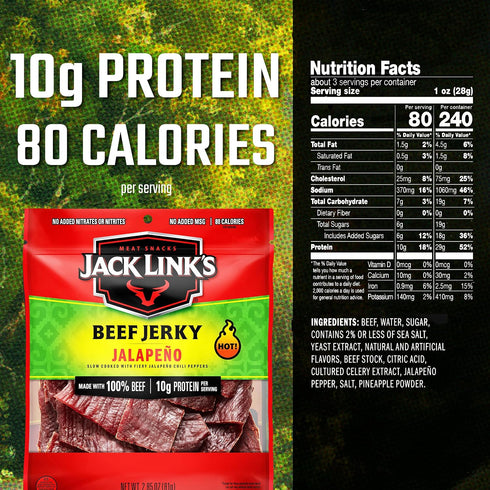 10g 80 100% 2.85 Oz. Jack Link's Beef Jerky, Jalapeno Flavorful Meat Snack, Ready to Eat Protein Snack with of Protein
