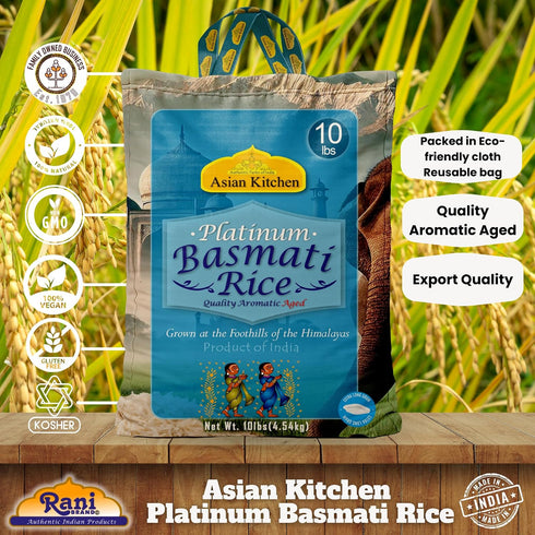 10lbs (4.54kg) Asian Kitchen Platinum White Basmati Rice Extra Long Aged ~ All Natural | Gluten Friendly | Vegan |