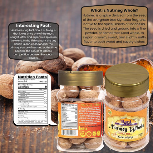 Rani Whole Nutmeg (Jaiphul) Spice, 3oz (85g) PET Jar, 17-19 Pieces, All Natural | Vegan | Gluten Friendly | Non-GMO