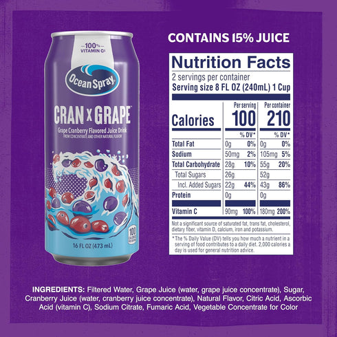 16oz (12 Pack) Ocean Spray Cran-Grape Cranberry Grape Juice Drink, can
