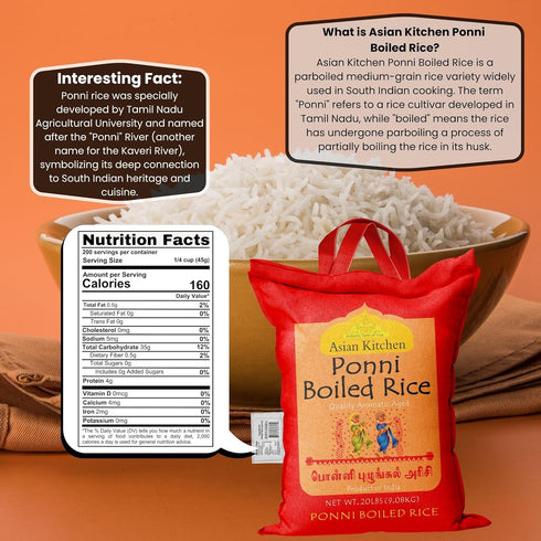 20-Pound 20lbs (9.08kg) Asian Kitchen Ponni Boiled Rice Bag, Short Grain Par Boiled Rice ~ All Natural | Gluten Free |