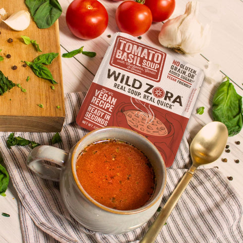 8-pack 0.5oz/13g Wild Zora Instant Keto-Friendly Soups Tomato Basil Broth Made with Chickpeas, Garlic, Onion
